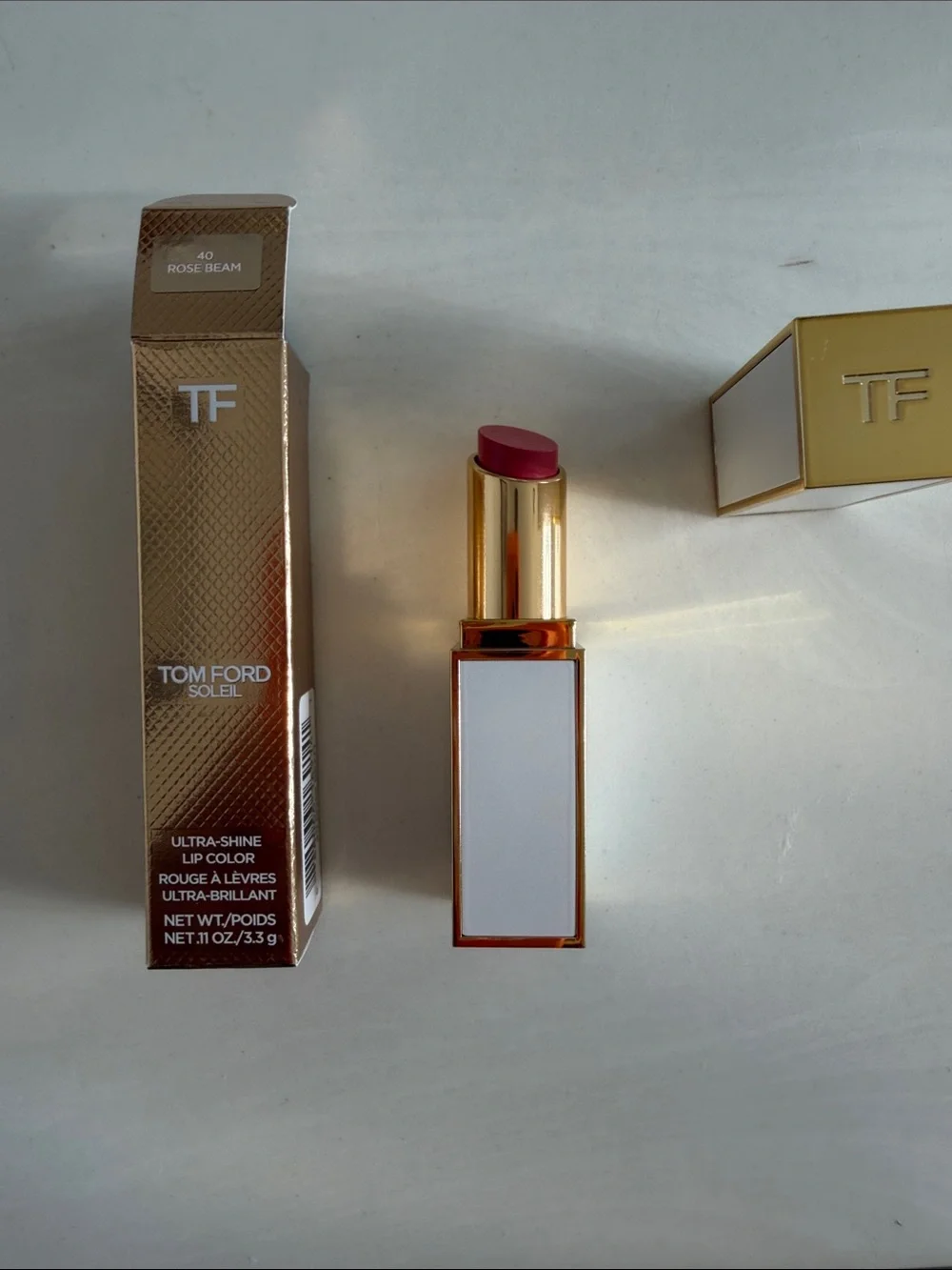 Tom Ford Lip Color in Rose Beam with Gold-Trim White Case